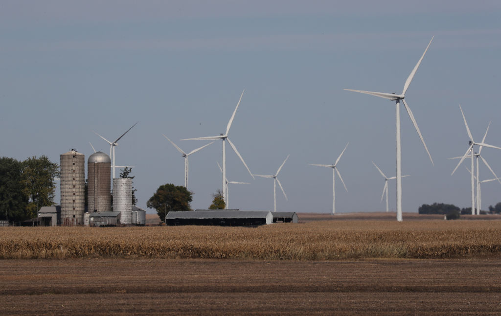 Wind turbines are seen in a corn field behind a farm in Rippey, Iowa.